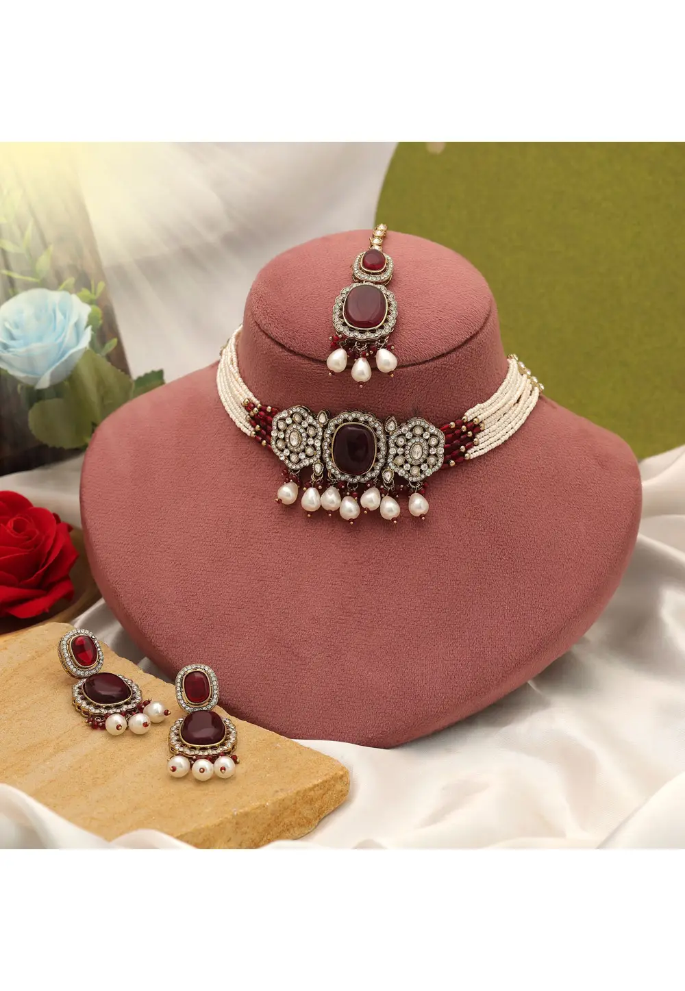 Maroon Alloy Necklace Set With Earrings and Maang Tikka 333474