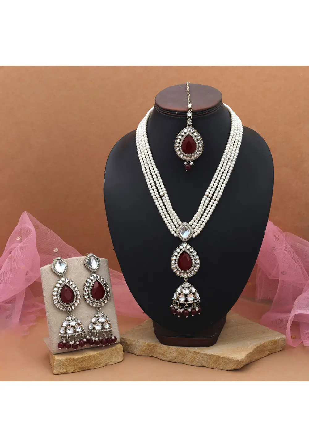 Maroon Alloy Necklace Set With Earrings and Maang Tikka 334083
