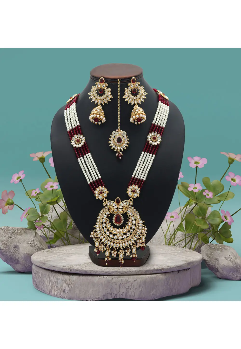 Maroon Alloy Necklace Set With Earrings and Maang Tikka 334085