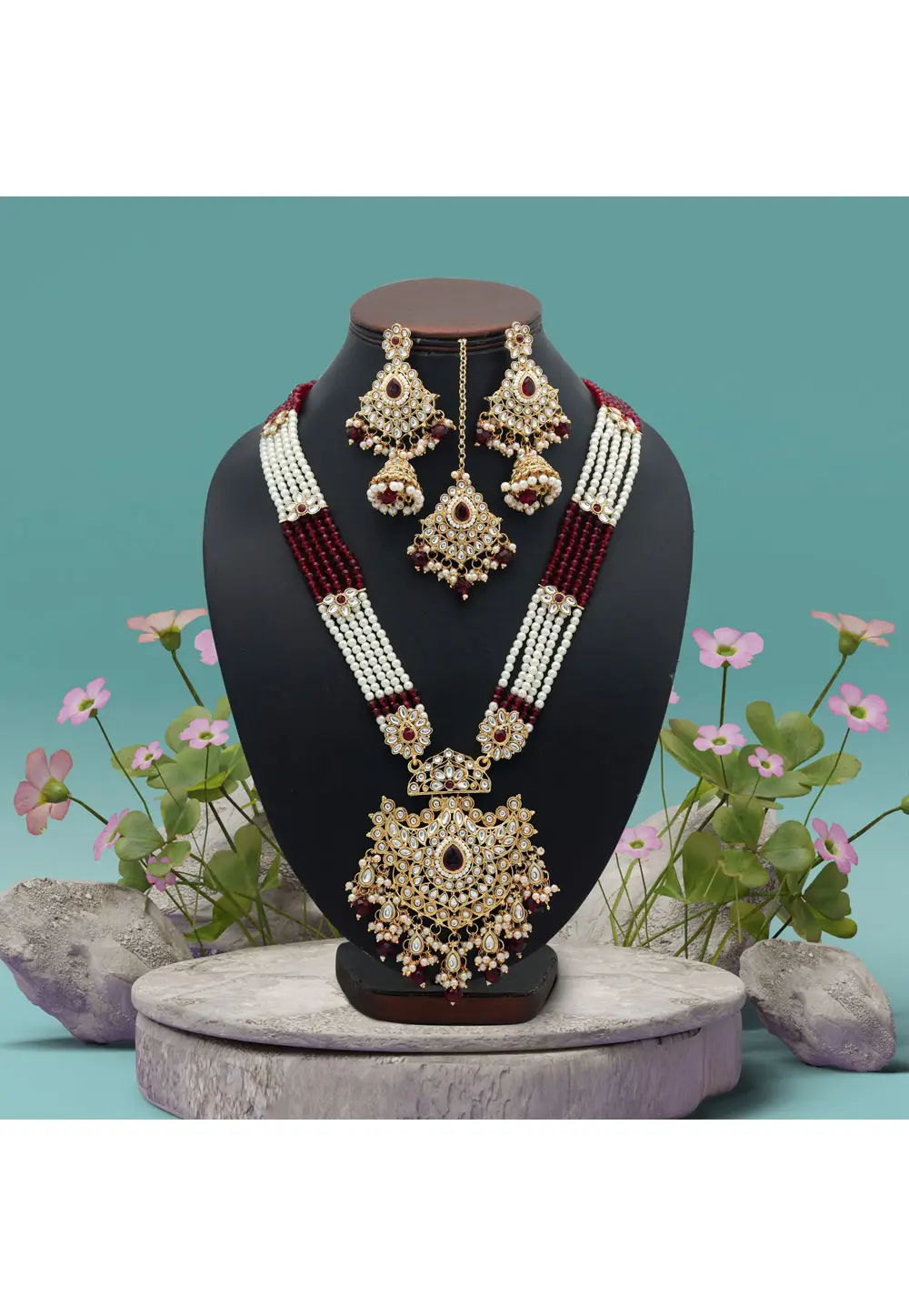 Maroon Alloy Necklace Set With Earrings and Maang Tikka 334088