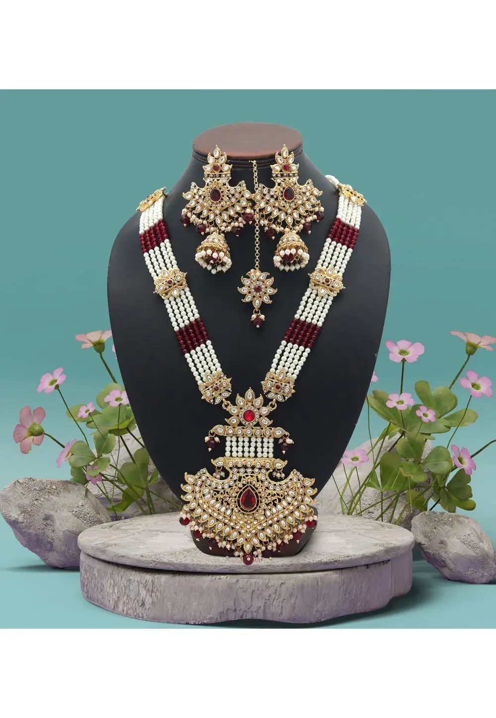 Maroon Alloy Necklace Set With Earrings and Maang Tikka 334091