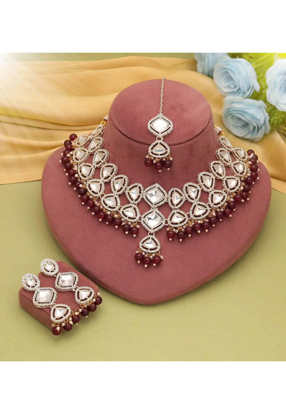 Maroon Alloy Necklace Set With Earrings and Maang Tikka 334912