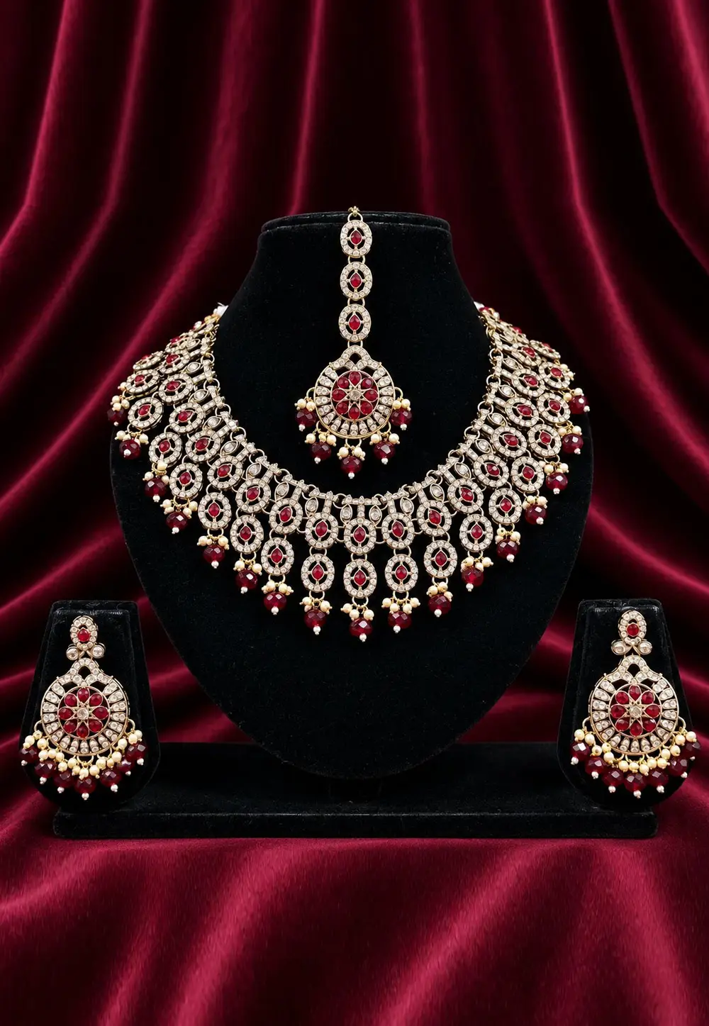 Maroon Alloy Necklace Set With Earrings and Maang Tikka 336284