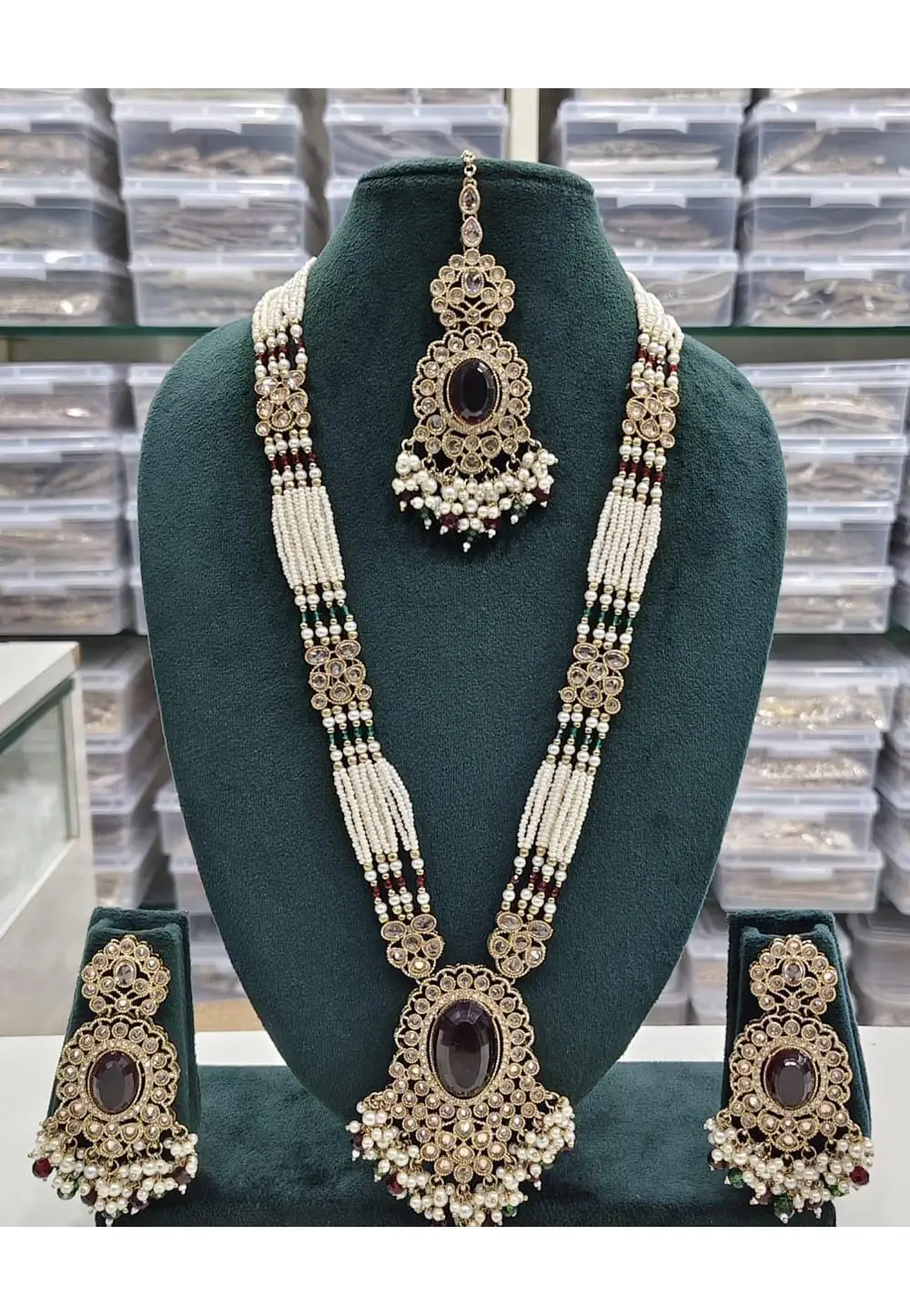 Maroon Alloy Necklace Set With Earrings and Maang Tikka 336701