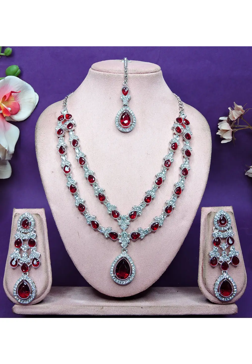 Maroon Alloy Necklace Set With Earrings and Maang Tikka 336745