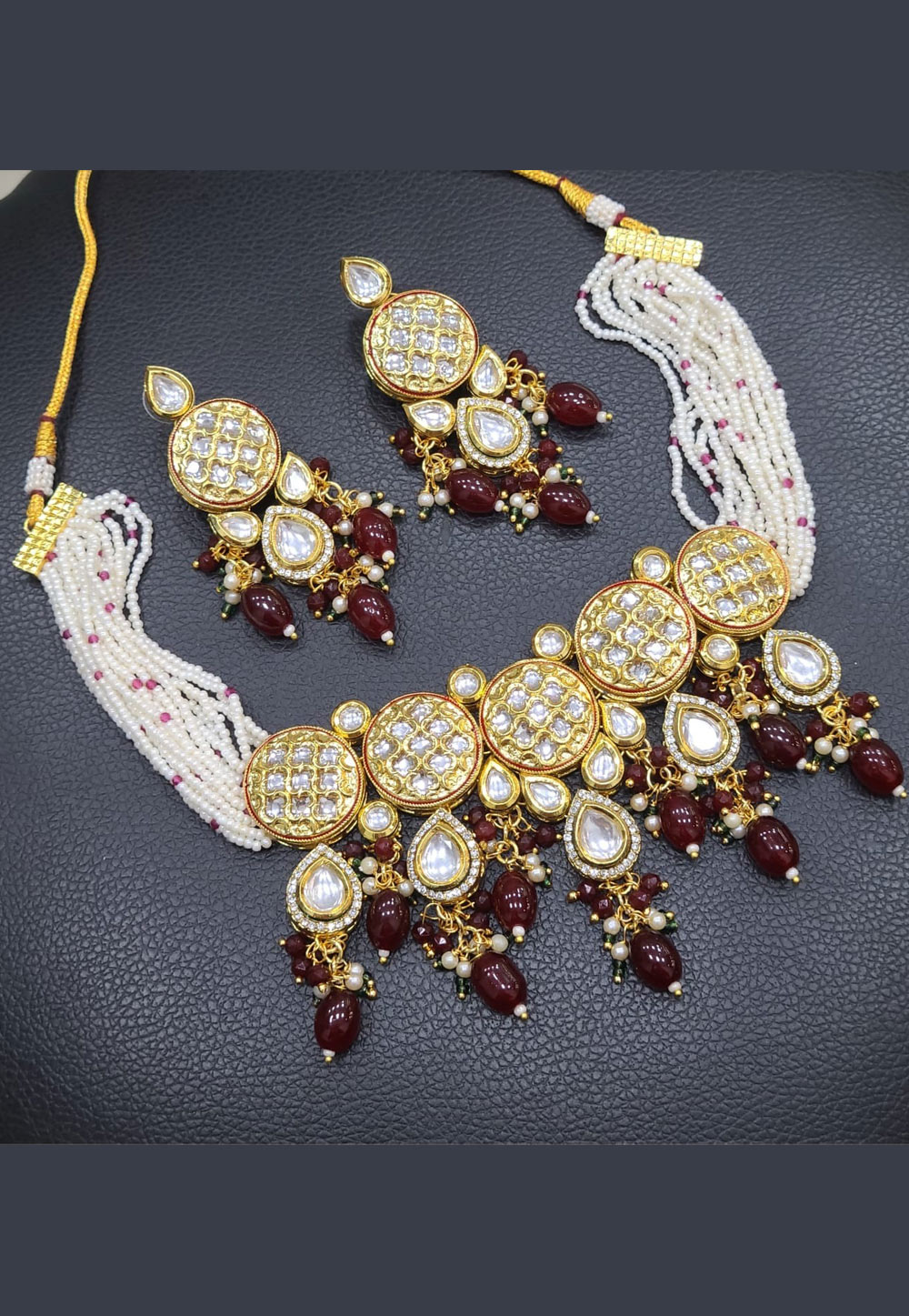 Maroon Alloy Necklace With Earrings 312917