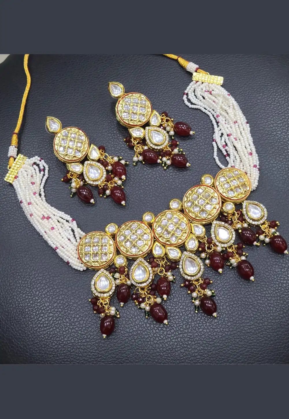 Maroon Alloy Necklace With Earrings 312917