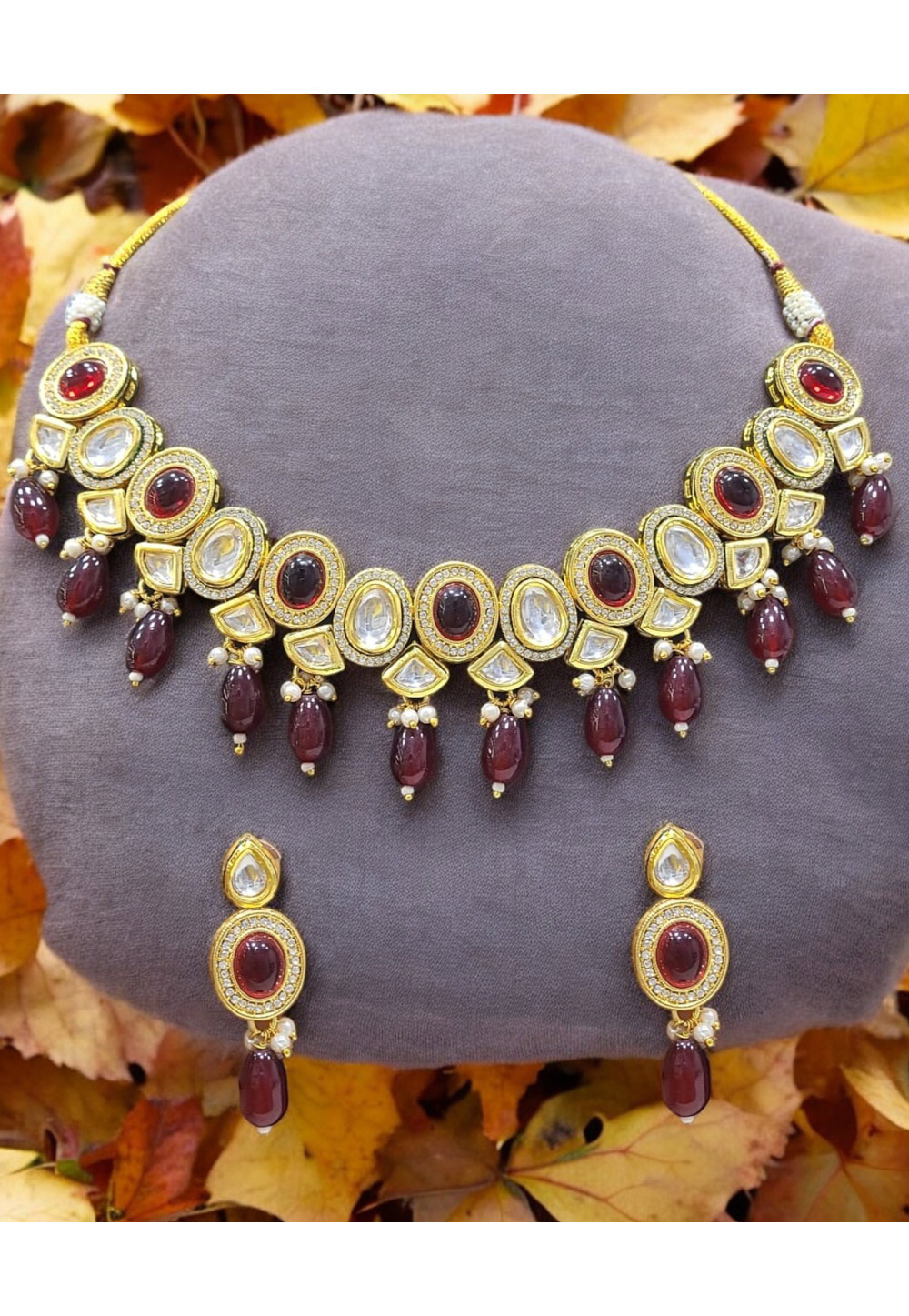 Maroon Alloy Necklace With Earrings 313049