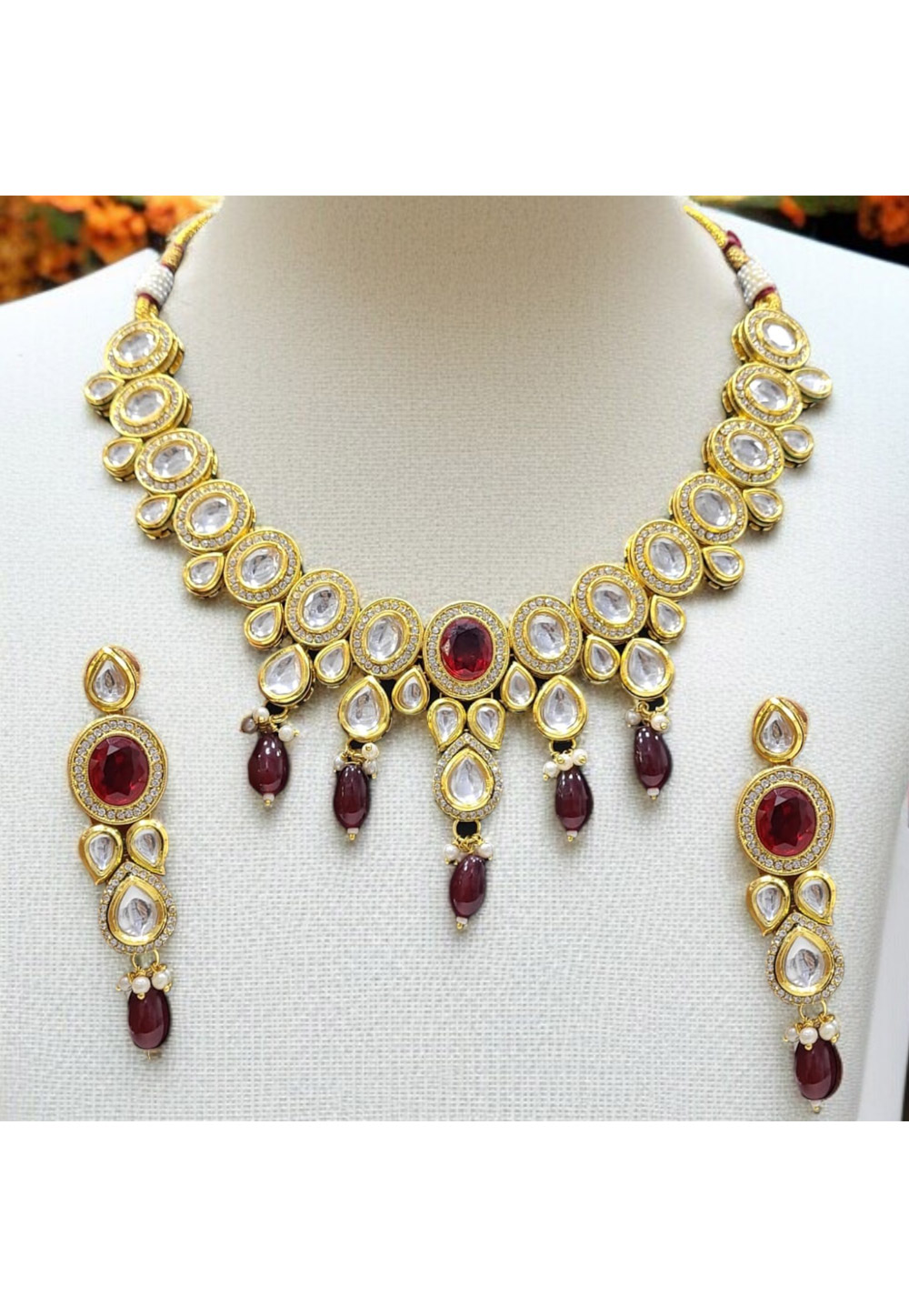 Maroon Alloy Necklace With Earrings 313540