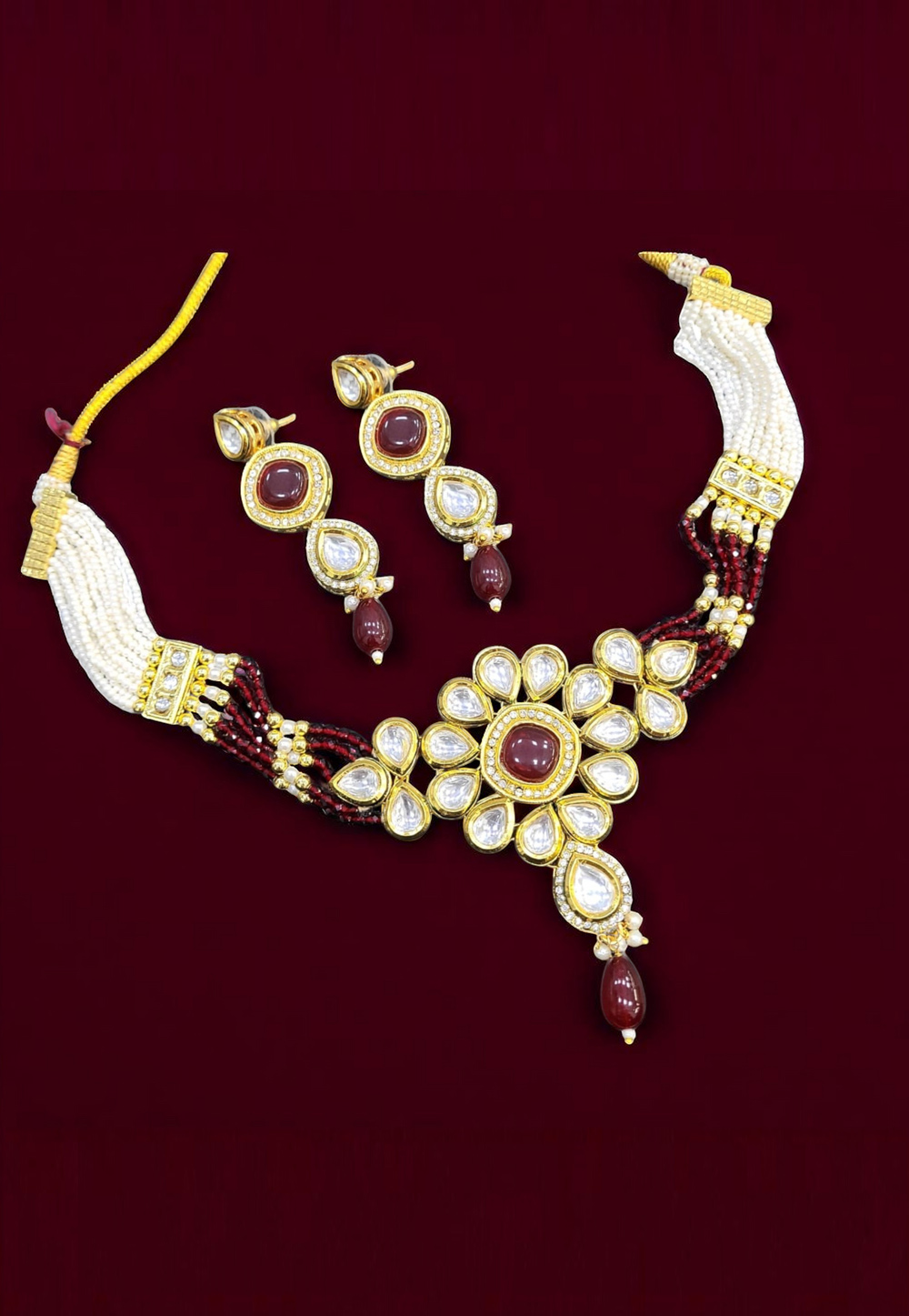 Maroon Alloy Necklace With Earrings 313546
