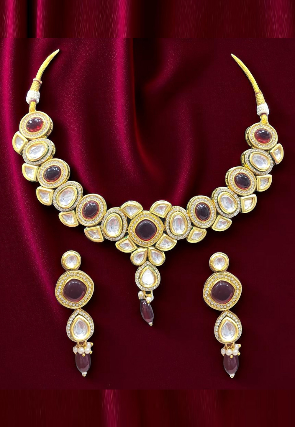 Maroon Alloy Necklace With Earrings 313551
