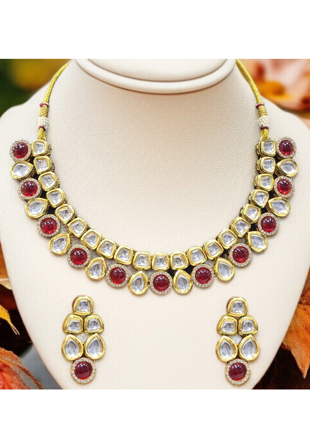 Maroon Alloy Necklace With Earrings 313763