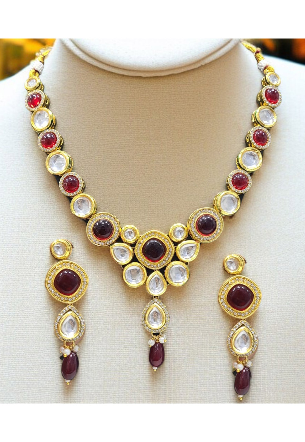 Maroon Alloy Necklace With Earrings 313941