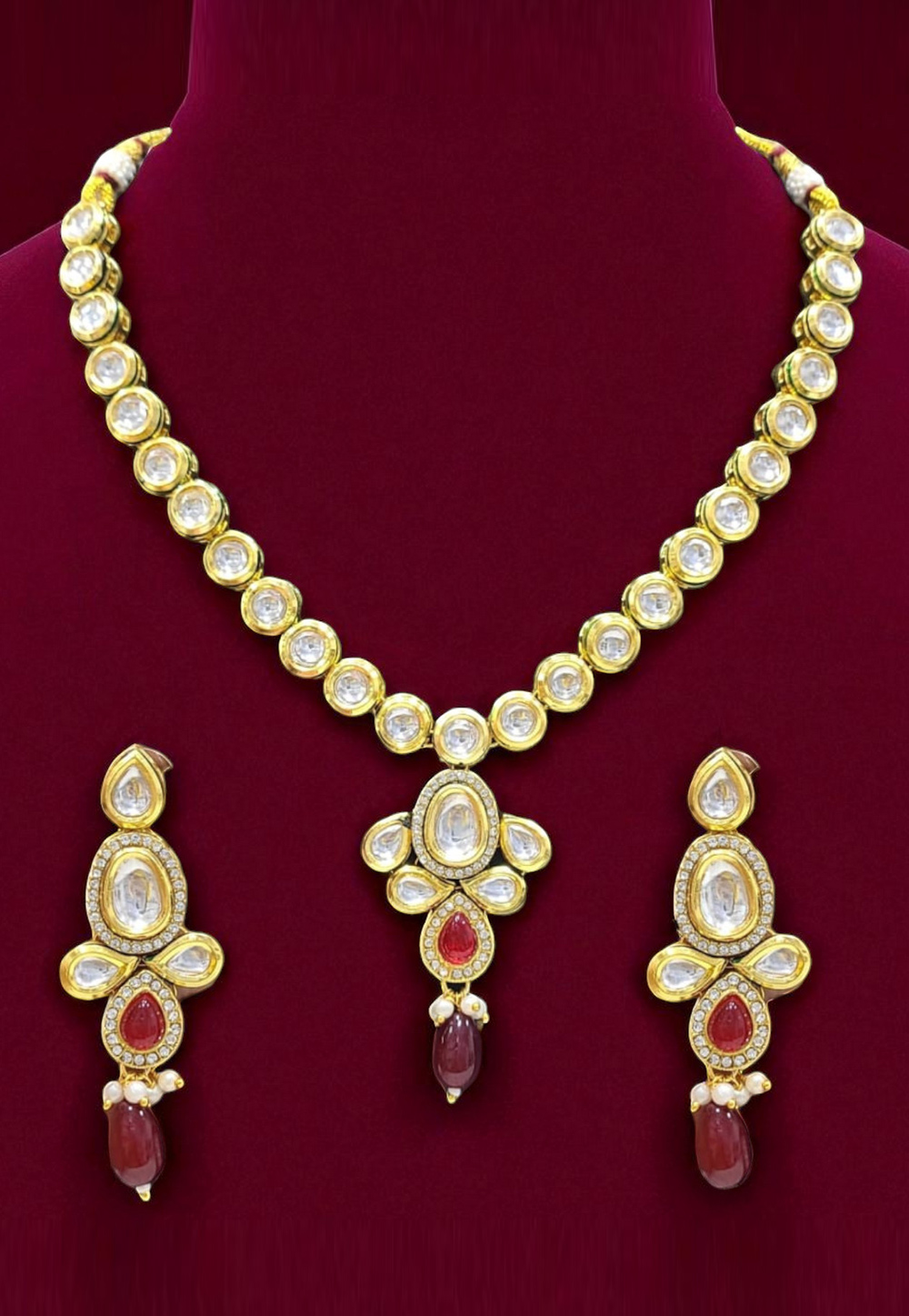 Maroon Alloy Necklace With Earrings 314371