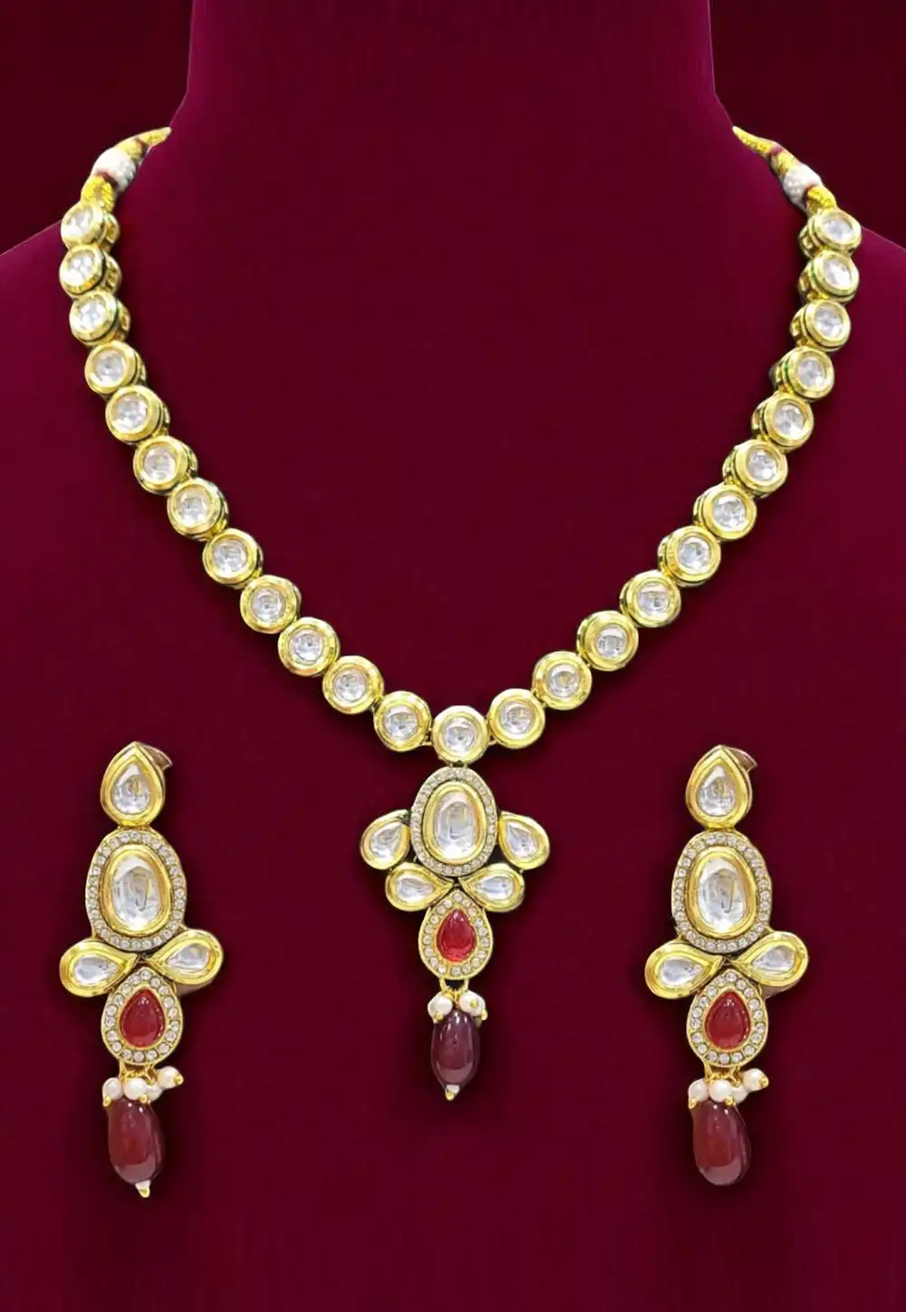 Maroon Alloy Necklace With Earrings 314371