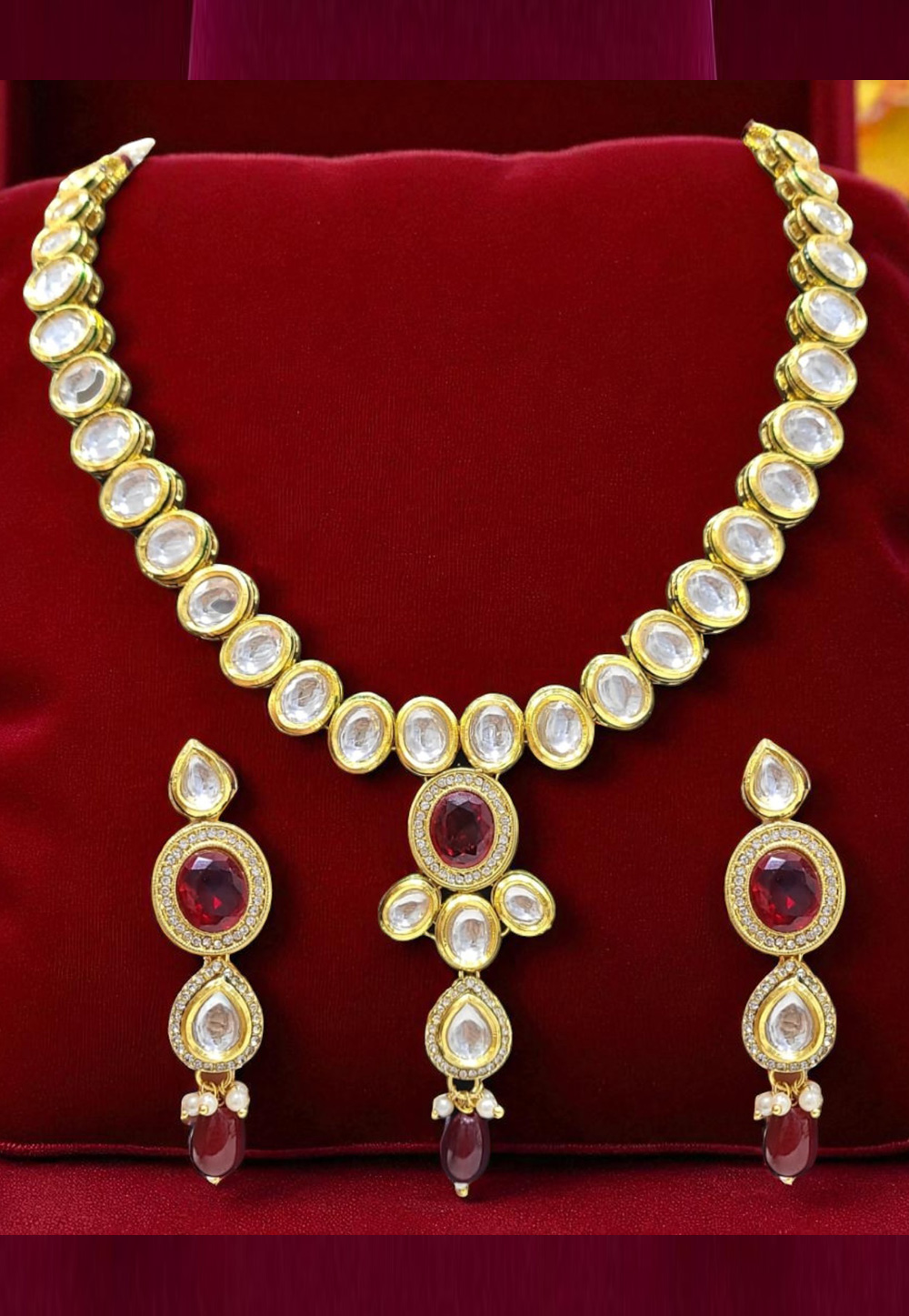 Maroon Alloy Necklace With Earrings 314377