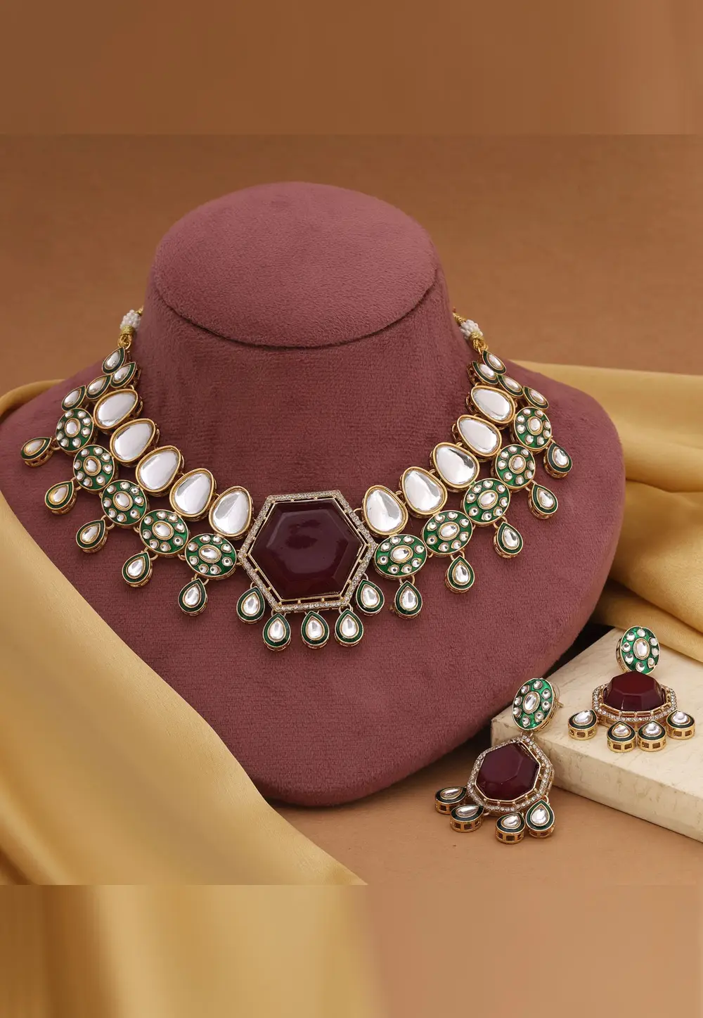 Maroon Alloy Necklace With Earrings 332189