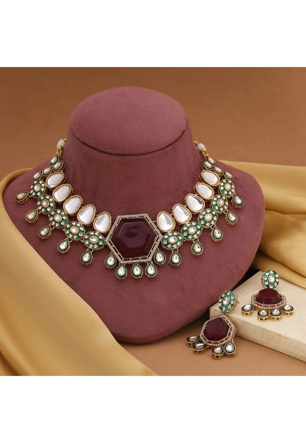 Maroon Alloy Necklace With Earrings 333743