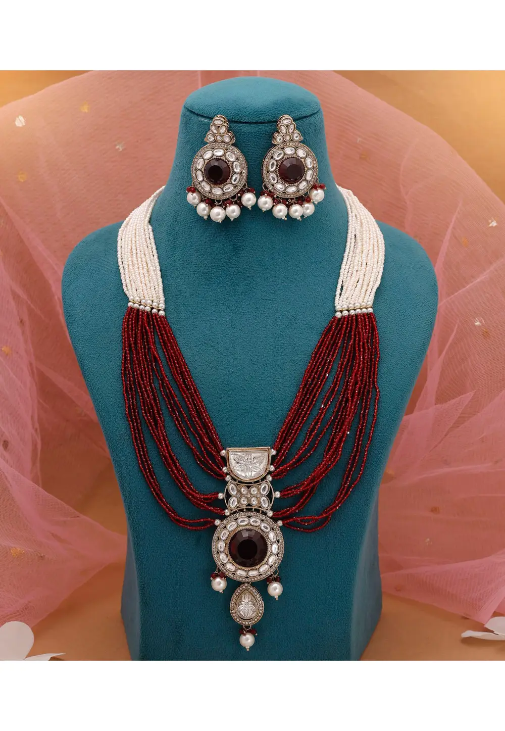 Maroon Alloy Necklace With Earrings 333750