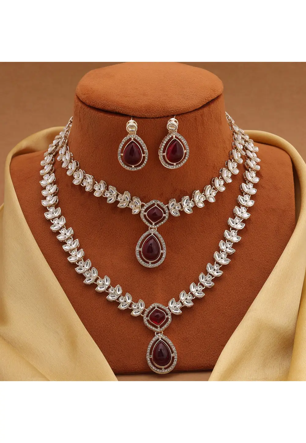 Maroon Alloy Necklace With Earrings 334079