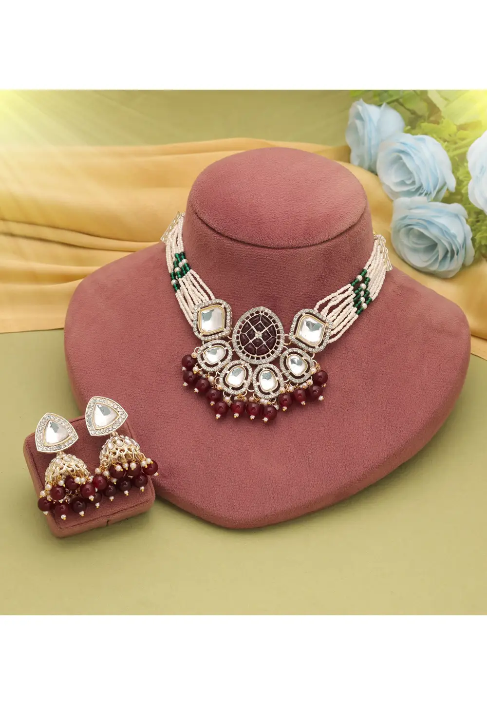 Maroon Alloy Necklace With Earrings 334768