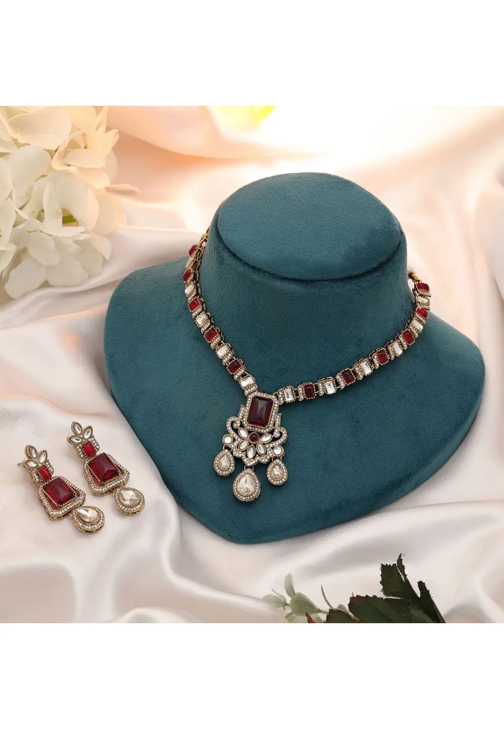 Maroon Alloy Necklace With Earrings 334902