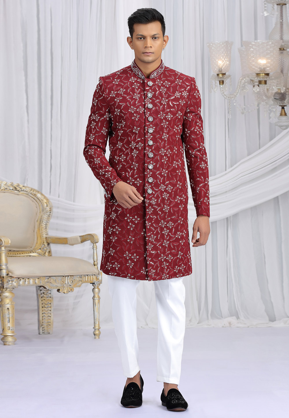 Maroon Art Silk Achkan Style Sherwani 319038