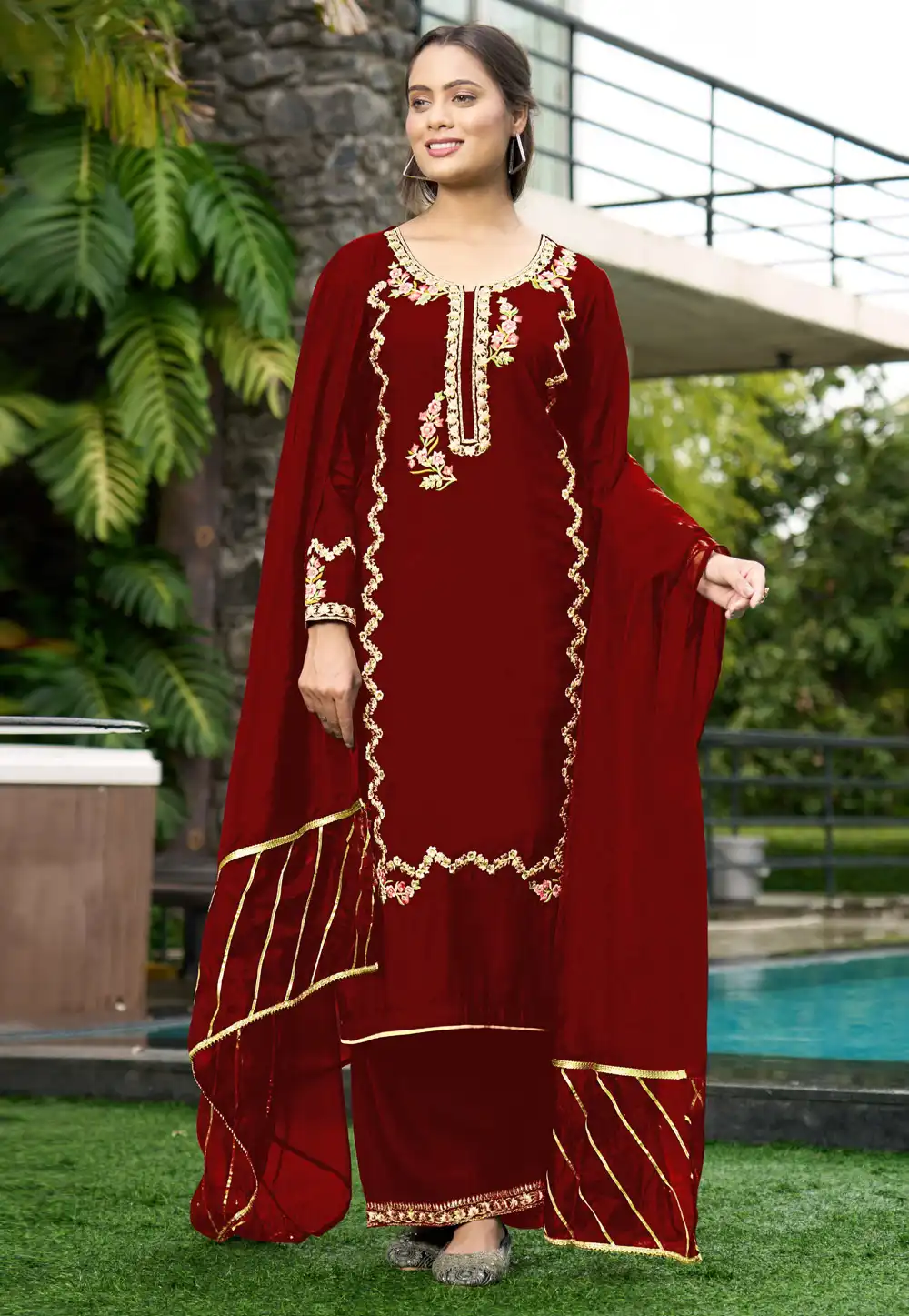 Maroon Art Silk Readymade Palazzo Suit 293349
