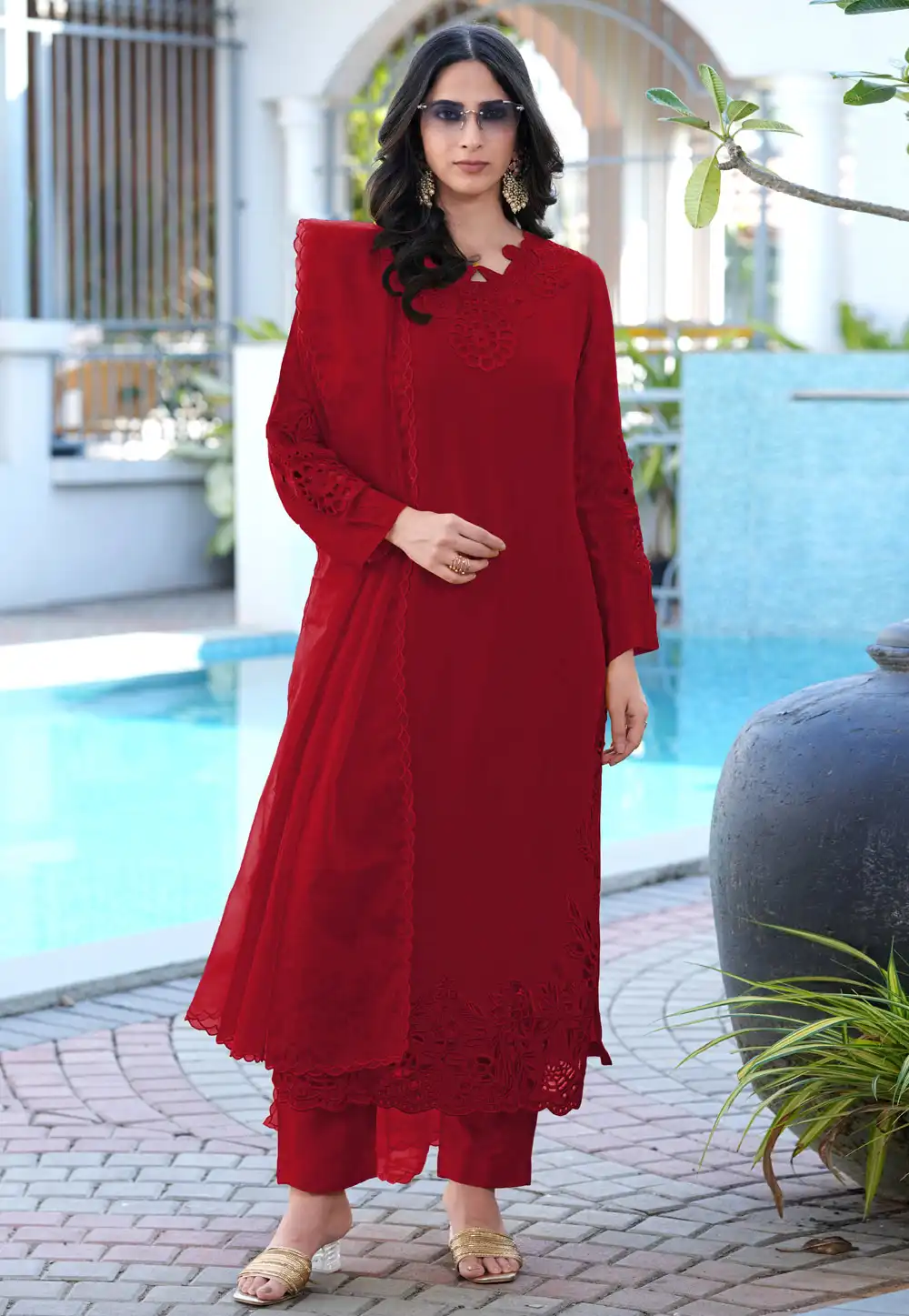 Maroon Art Silk Readymade Pant Style Suit 325032