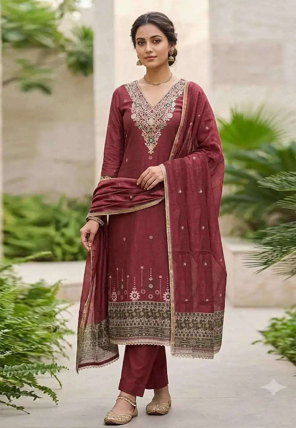 Maroon Banarasi Cotton Pant Style Suit 335368