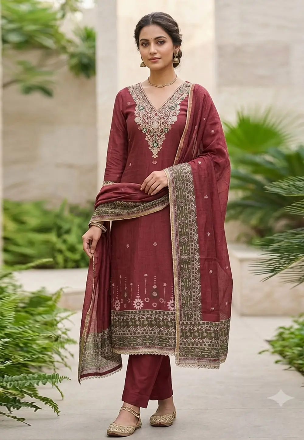 Maroon Banarasi Cotton Pant Style Suit 335368