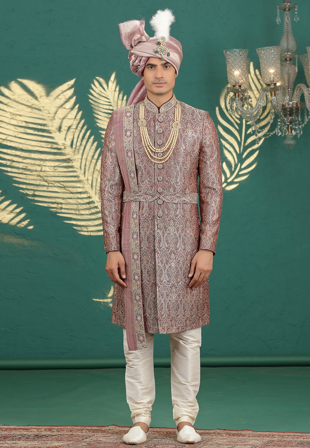 Maroon Banarasi Jacquard Achkan Style Sherwani With Dupatta 319014