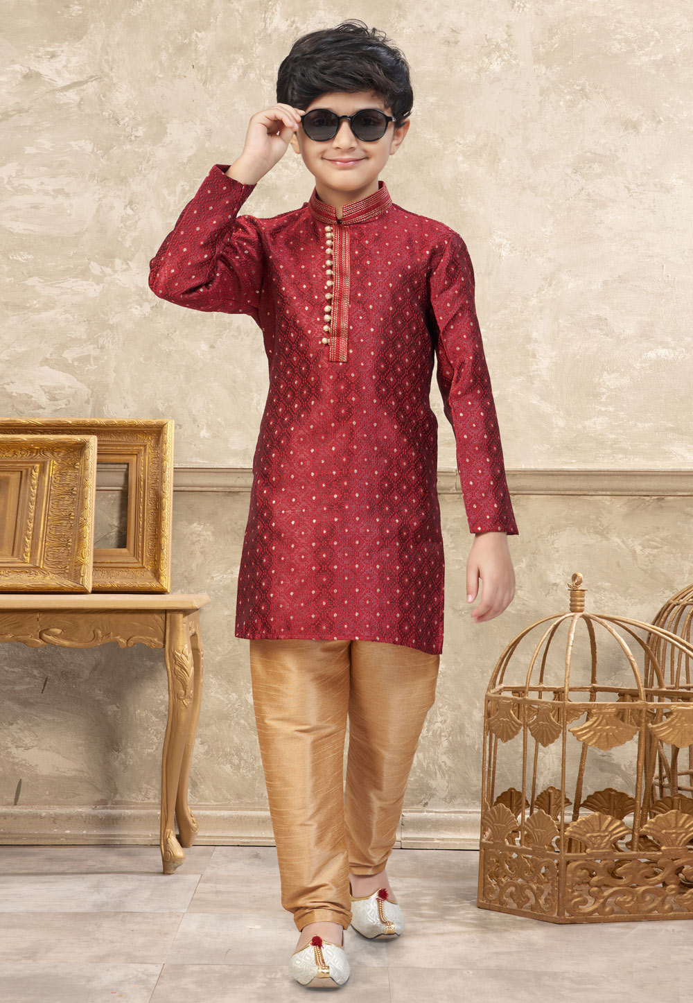 Maroon Banarasi Jacquard Kids Kurta Pajama 324290