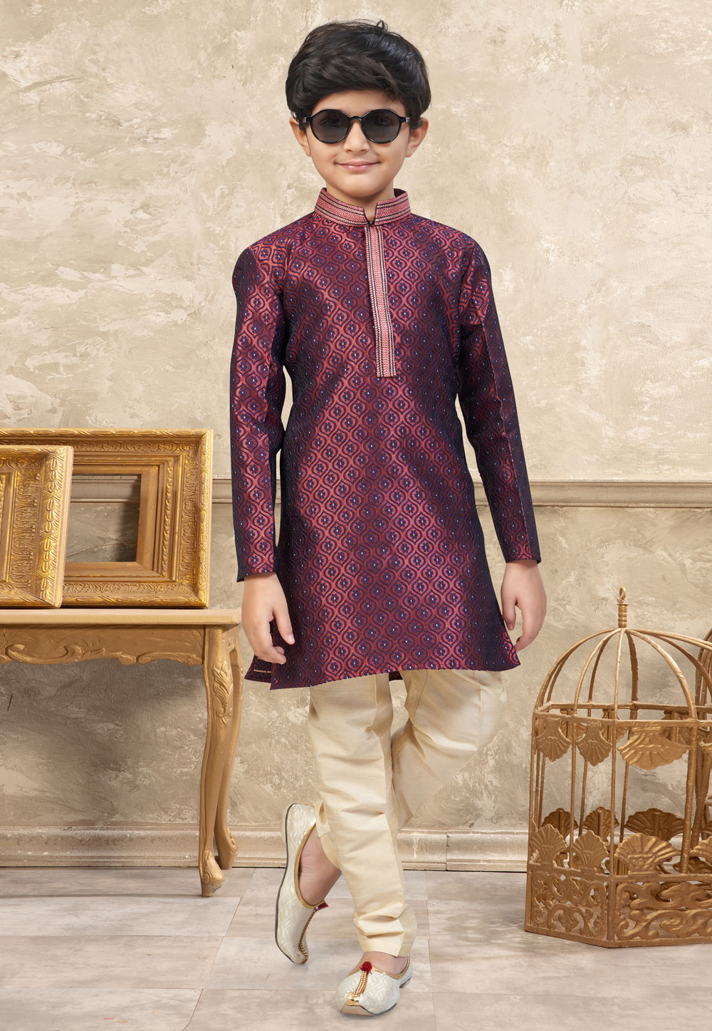 Maroon Banarasi Jacquard Kids Kurta Pajama 324295