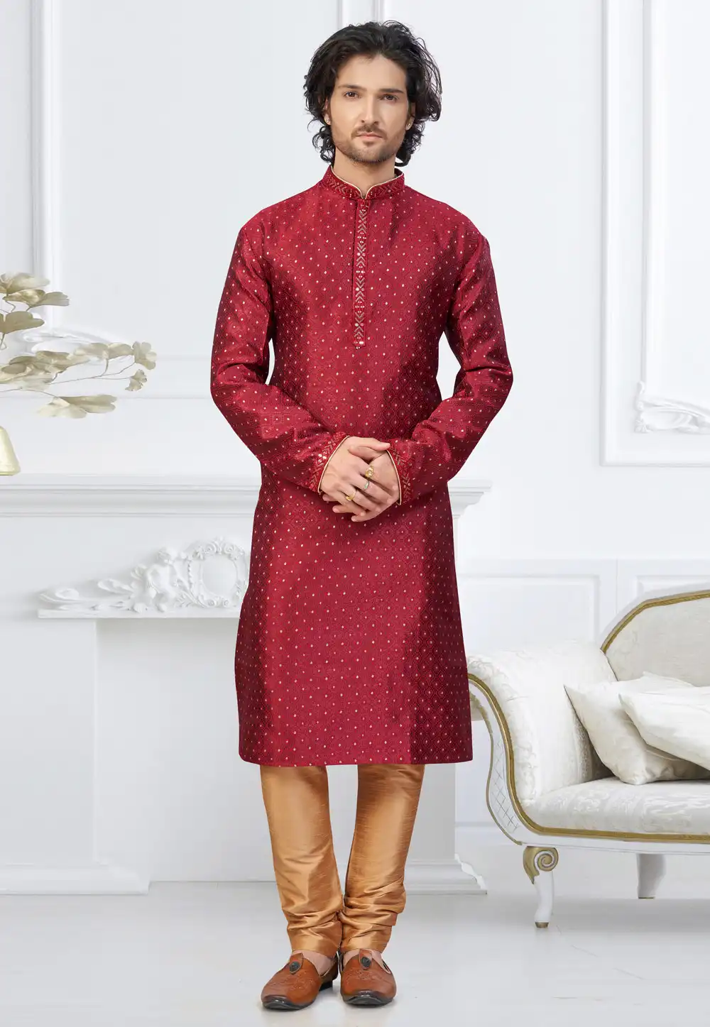 Maroon Banarasi Jacquard Kurta Pajama 317845