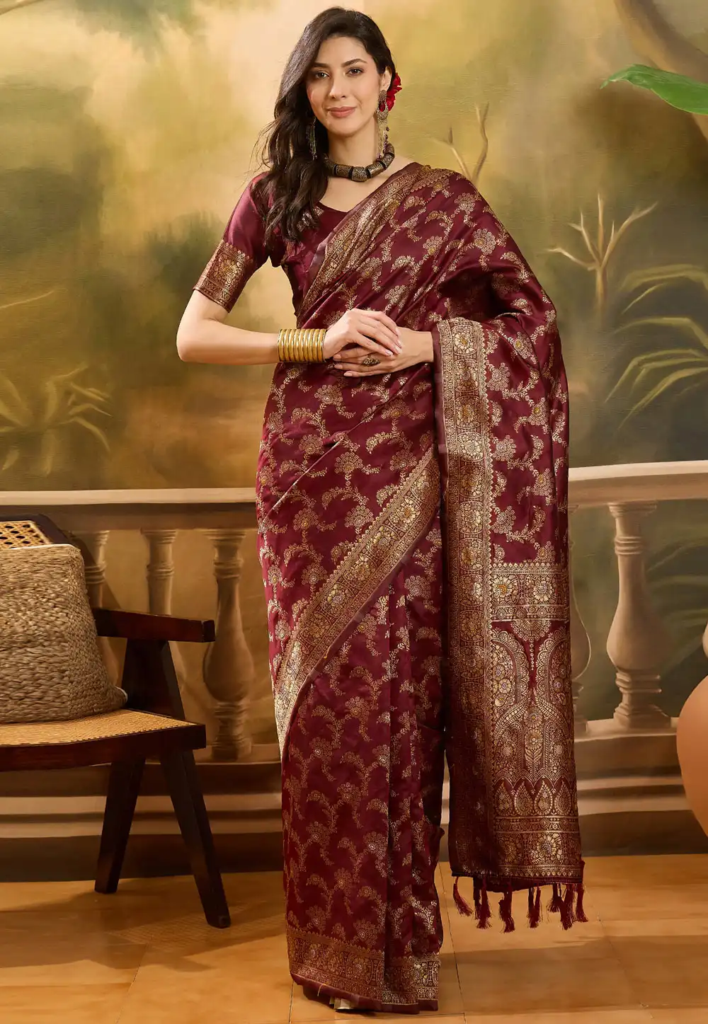 Maroon Banarasi Jacquard Saree 316779