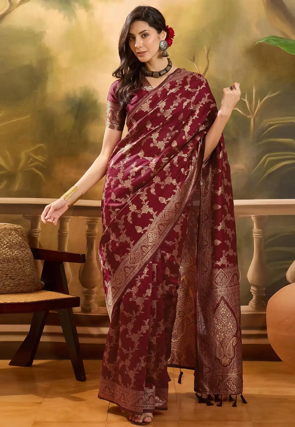 Maroon Banarasi Jacquard Saree 316806