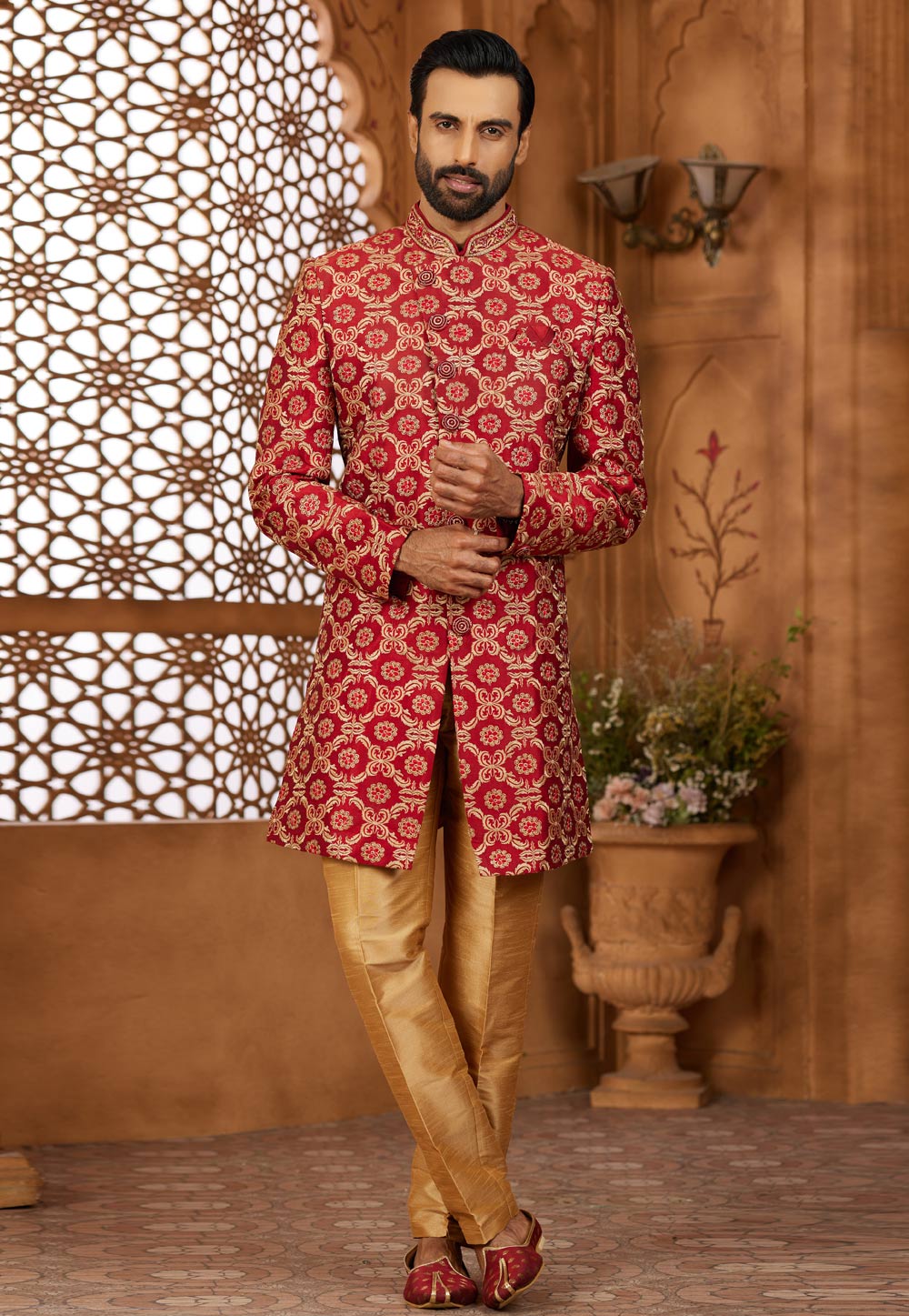 Maroon Banarasi Silk Indo Western Sherwani 306700