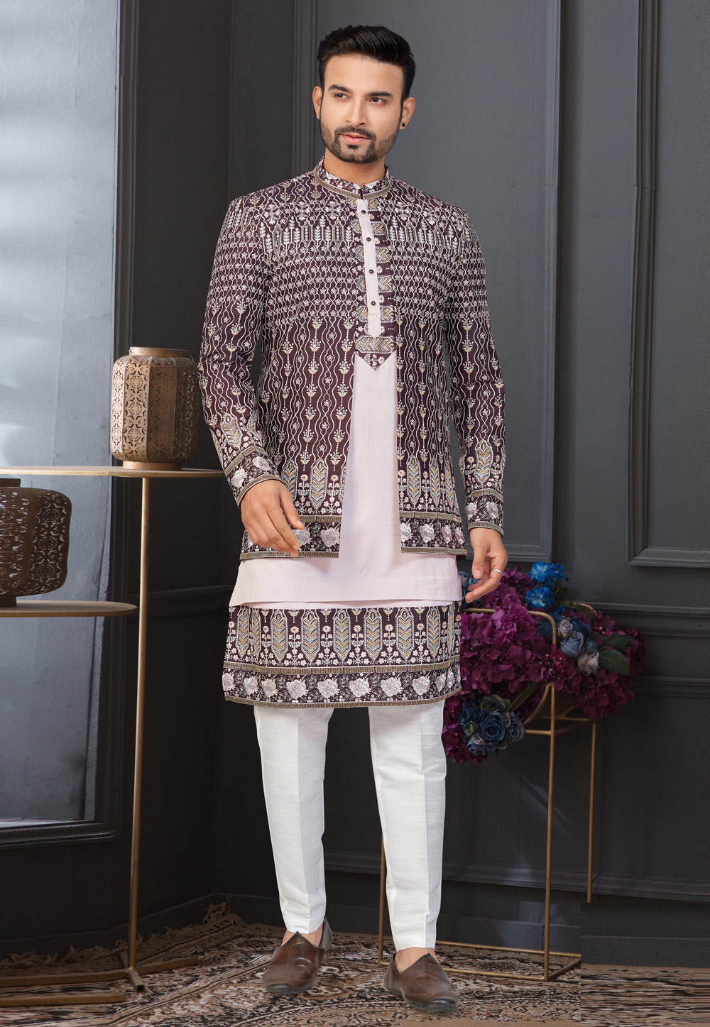 Maroon Banarasi Silk Indo Western Suit 322889