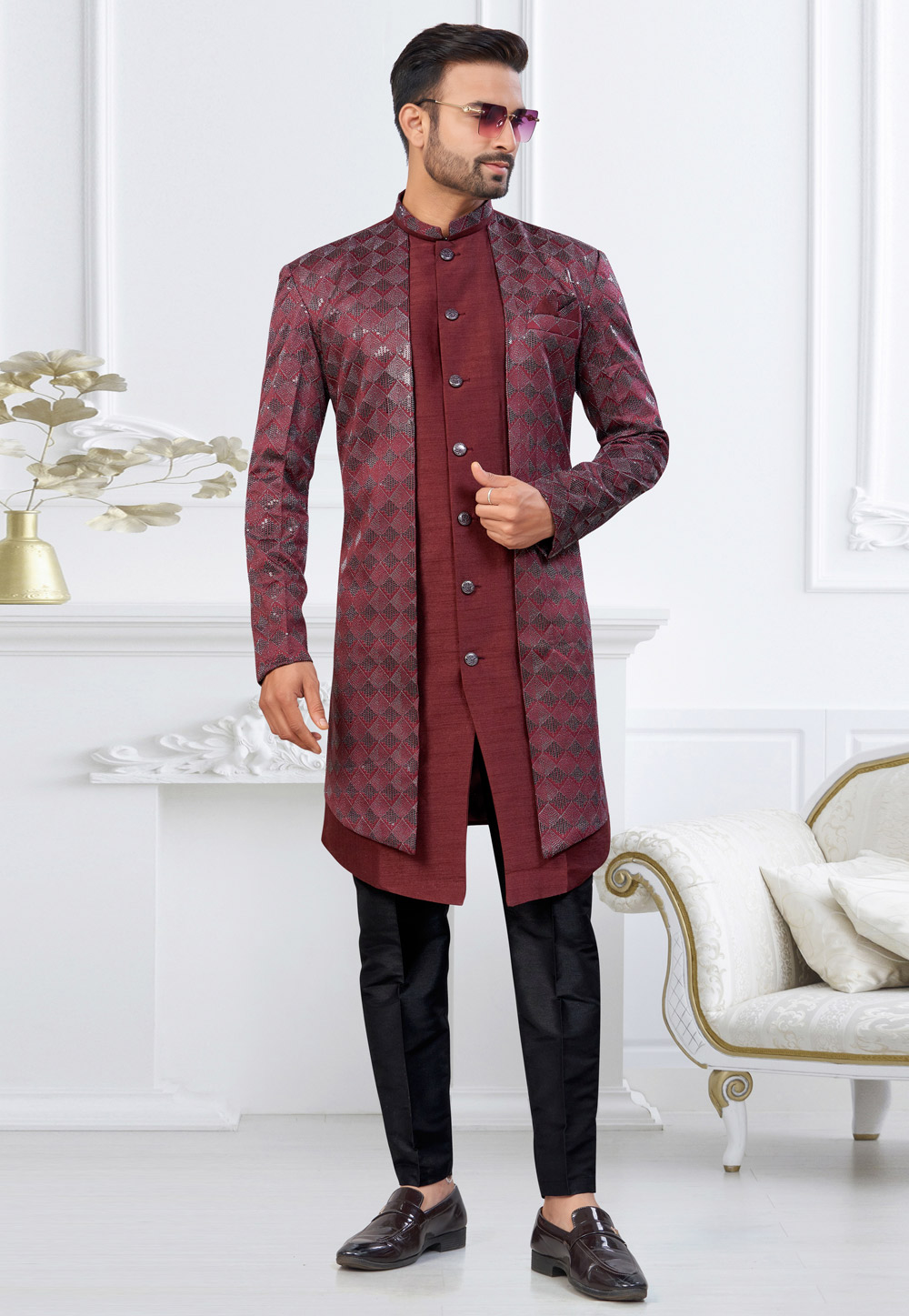 Maroon Banarasi Silk Indo Western Suit 322890