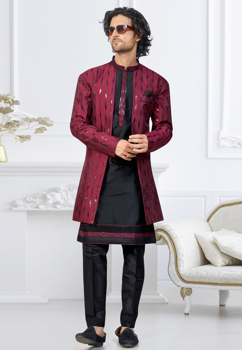 Maroon Banarasi Silk Indo Western Suit 322894