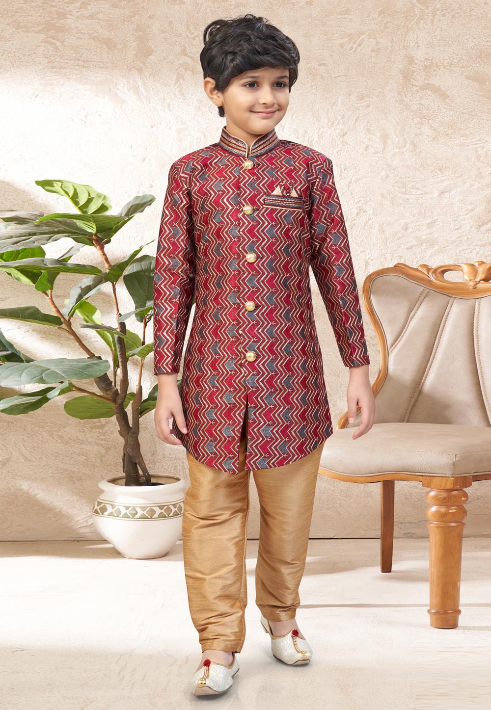 Maroon Banarasi Silk Kids Indo Western Suit 328701
