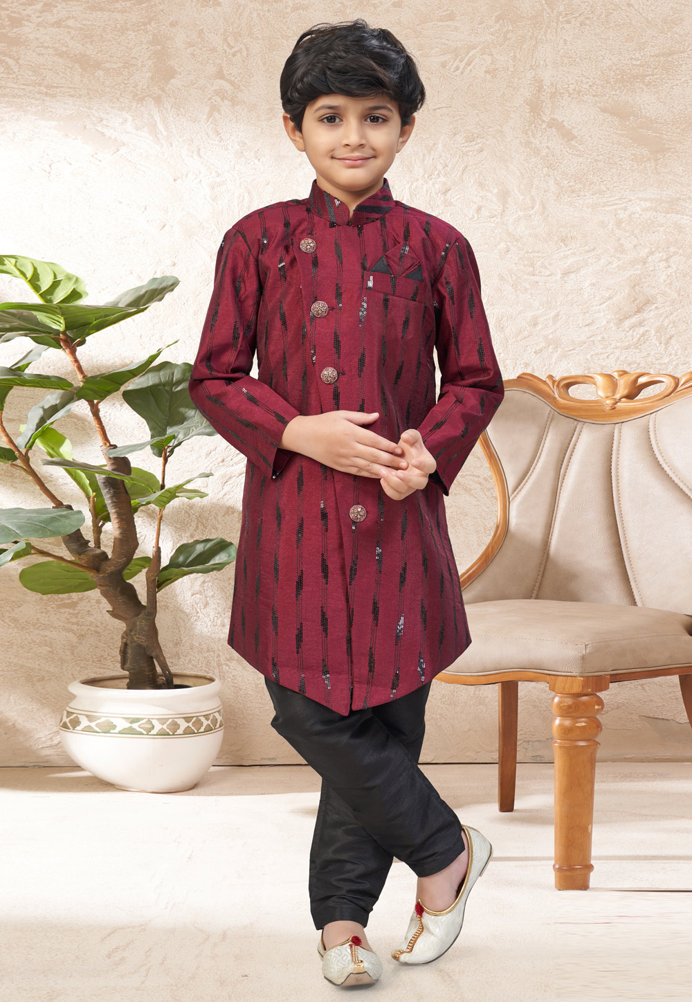 Maroon Banarasi Silk Kids Indo Western Suit 328706