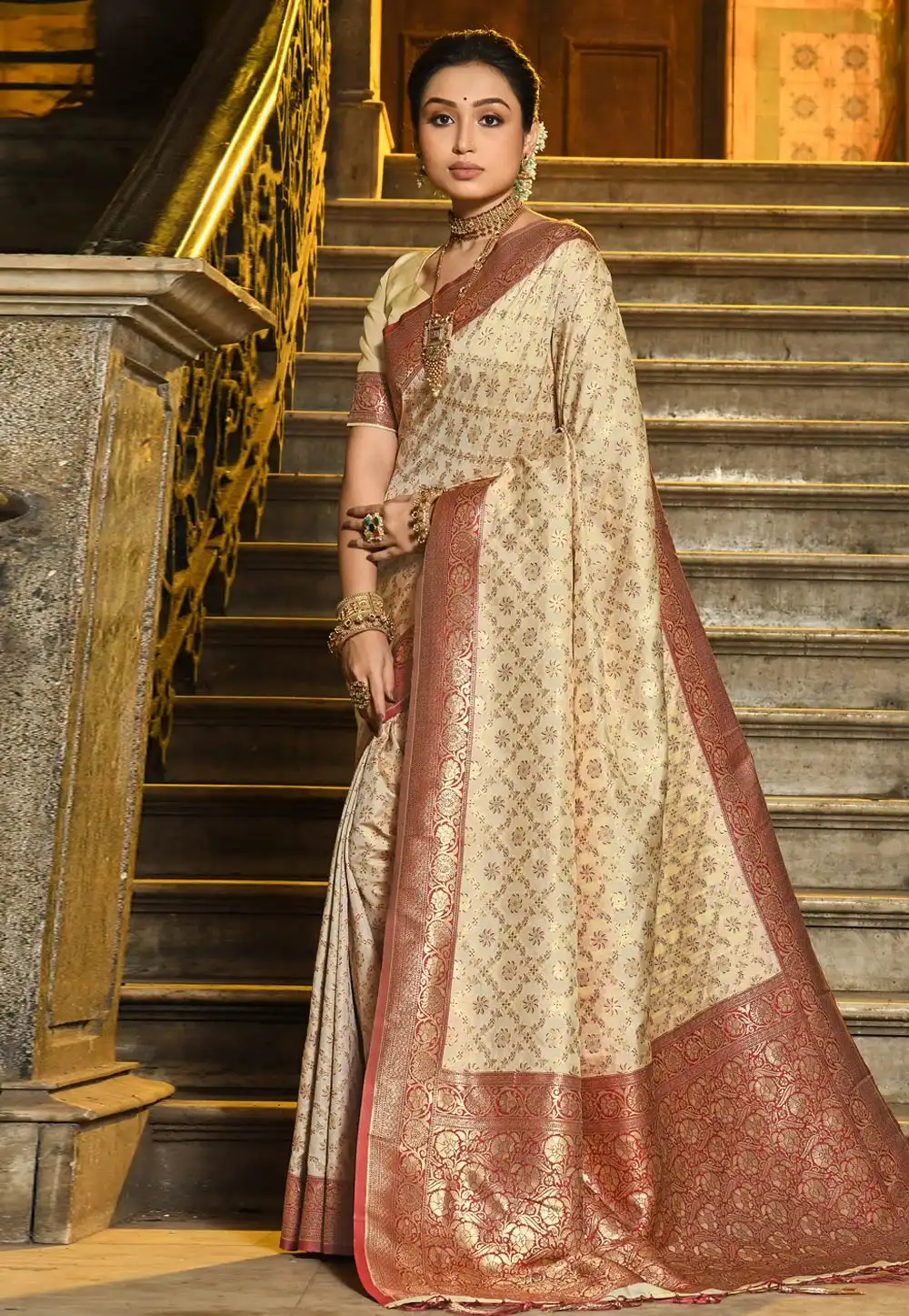 Cream Banarasi Silk Saree 311375