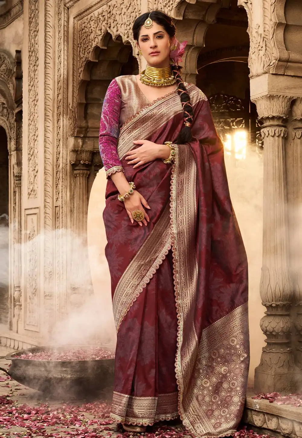 Maroon Banarasi Silk Saree With Blouse 313455