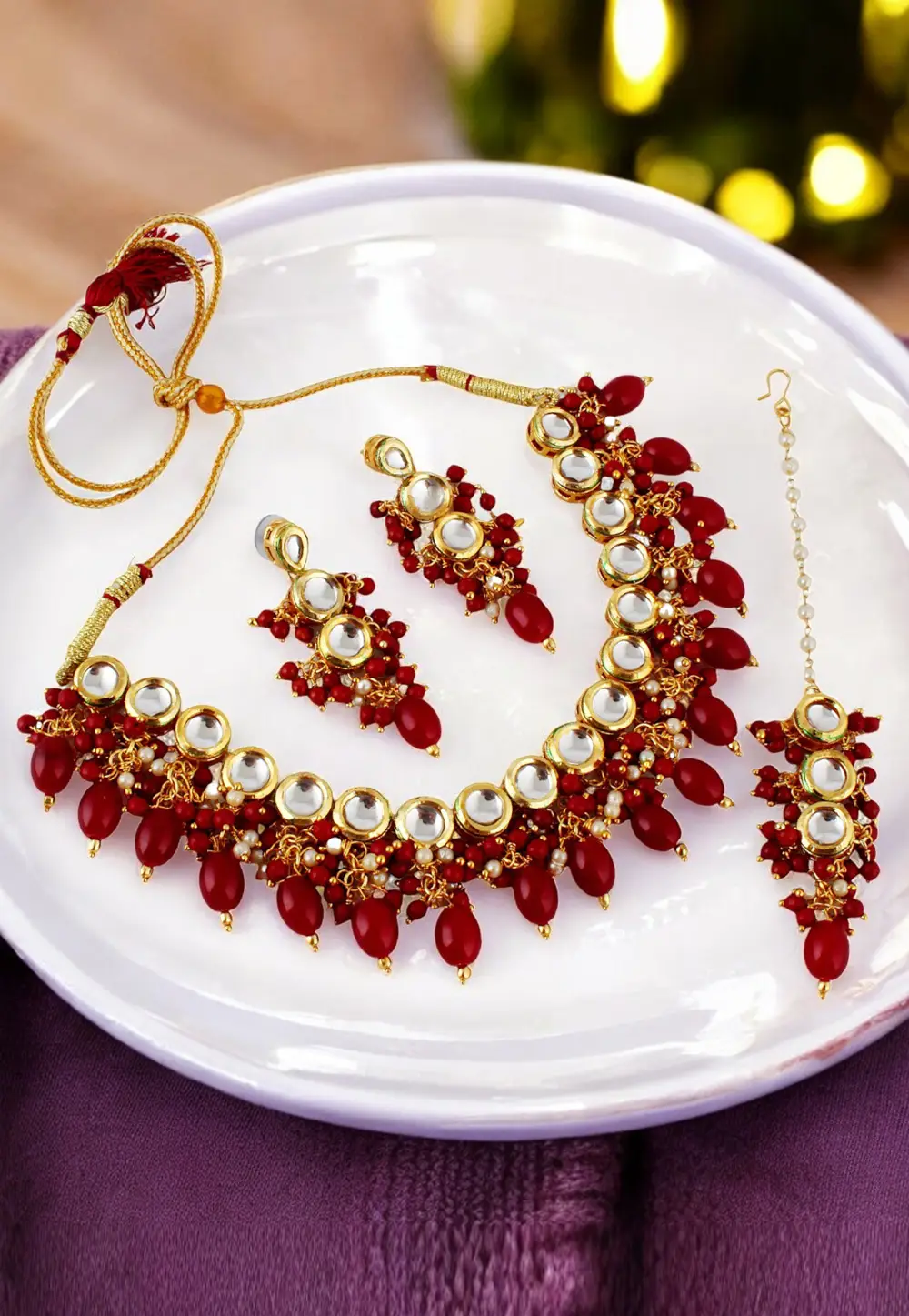 Maroon Brasso Necklace Set With Earrings and Maang Tikka 330961