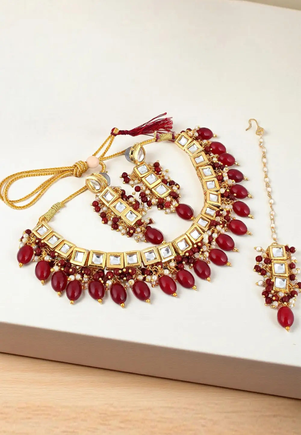 Maroon Brasso Necklace Set With Earrings and Maang Tikka 334279