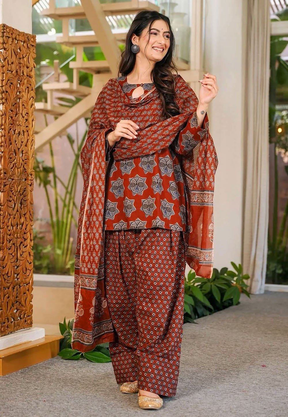 Maroon Cambric Cotton Readymade Palazzo Suit 326889