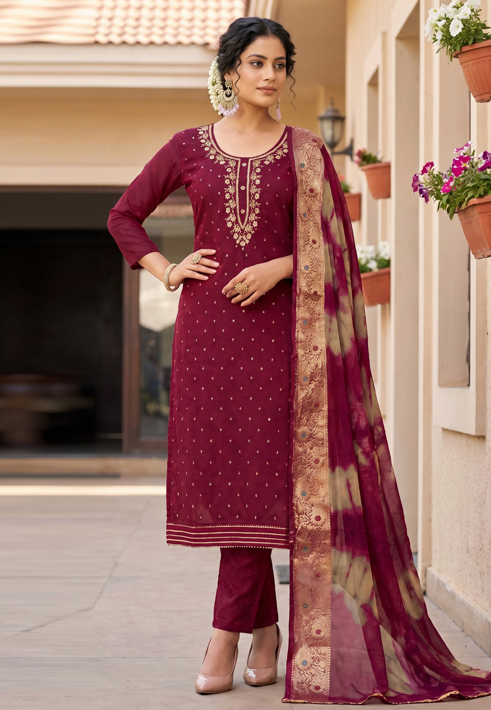 Maroon Chanderi Cotton Straight Suit 327444