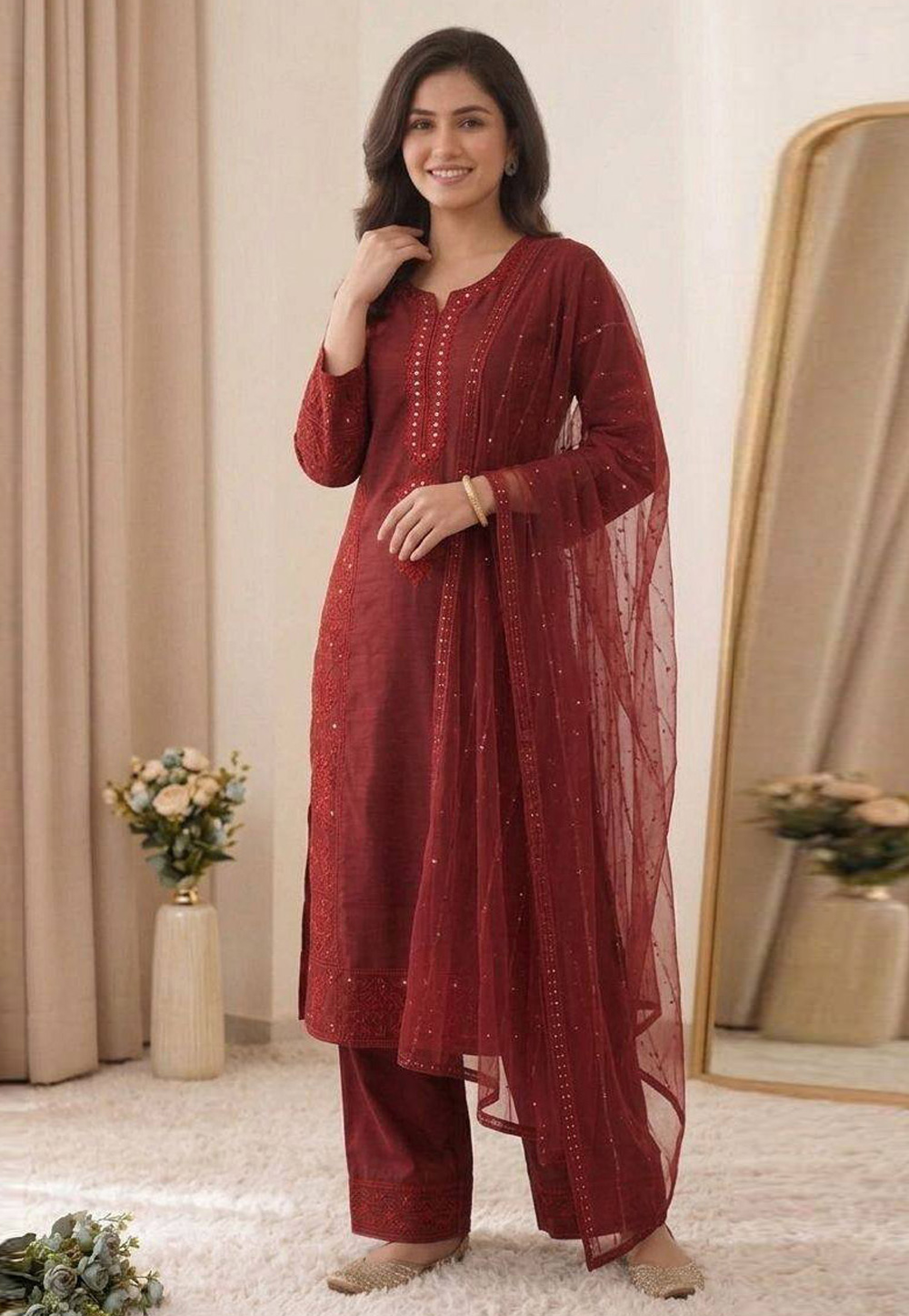 Maroon Chanderi Readymade Pakistani Suit 330331